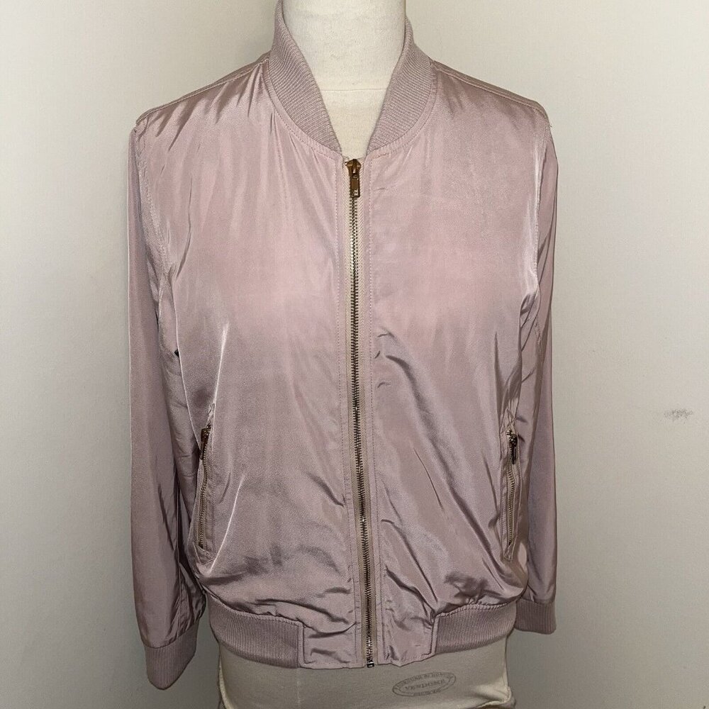 Sans Souci Taupe Peach Bomber Style Jacket Sz L Gold Tone Zip Front & Pockets